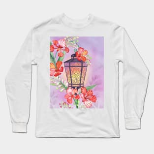 Old streetlight with tropical flowers decoration. Fairy spring garden watercolor illustration. Enchanted romantic scenery Long Sleeve T-Shirt